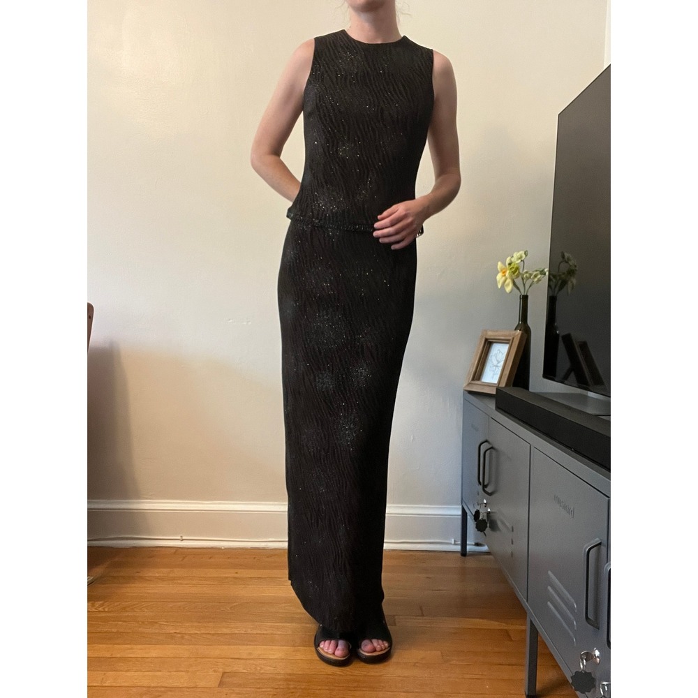 Betsy & Adam Vintage Zebra Print Glitter Maxi‎ Dress Beaded Fringe Trim Gown
